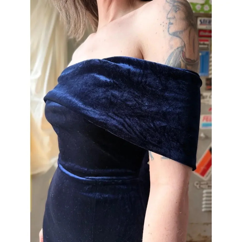 Vintage Y2K Velvet Maxi Dress | Navy Off Shoulder Column Slit Gown | S/M - Picture 8 of 11